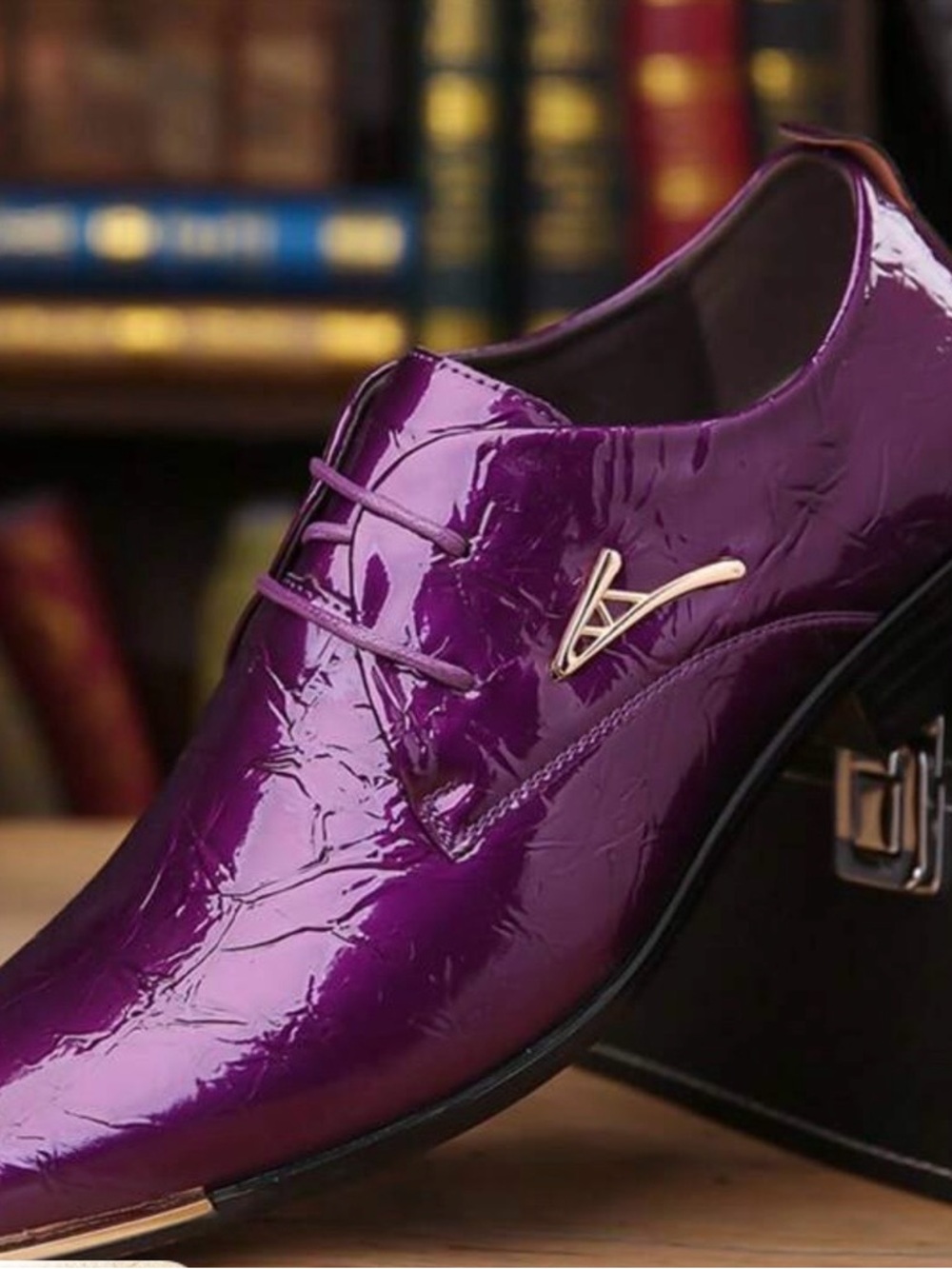 Men's Patent Purple Derby Dress Shoes with Gold Accent